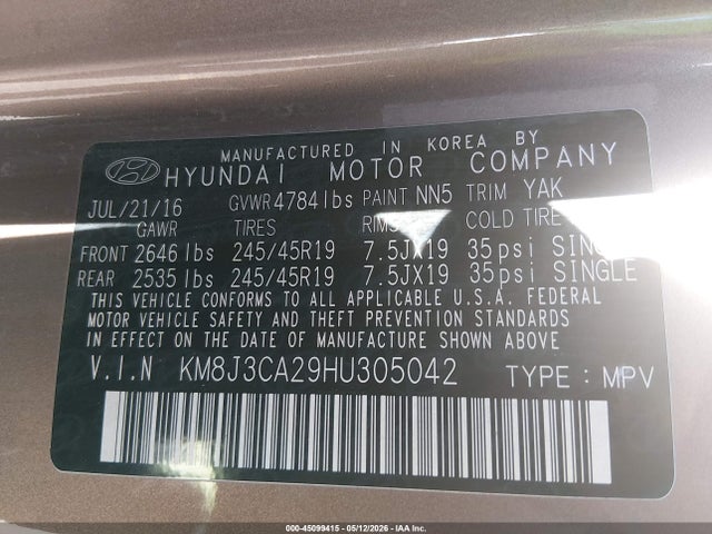 Aukcja sprzedaży 2017 Hyundai Tucson Limited, vin: KM8J3CA29HU305042, numer aukcji: 45099415