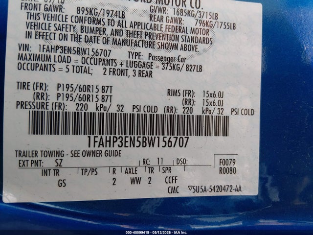 2011 Ford Focus S მანქანა იყიდება აუქციონზე, vin: 1FAHP3EN5BW156707, აუქციონის ნომერი: 45099419