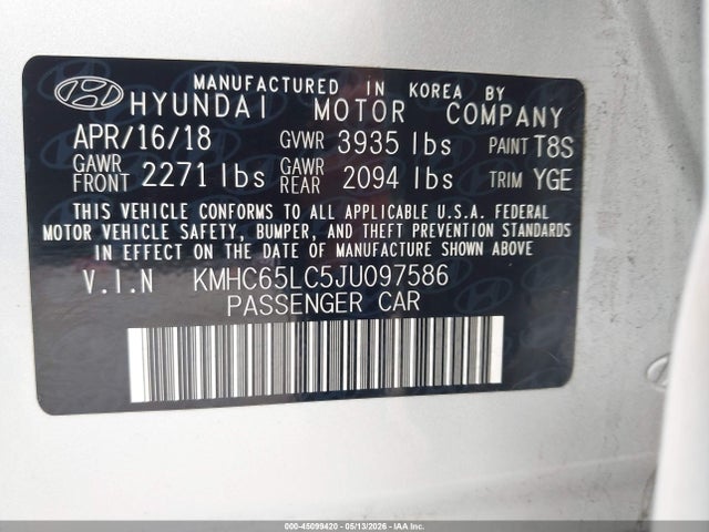 Aukcja sprzedaży 2018 Hyundai Ioniq Hybrid Blue, vin: KMHC65LC5JU097586, numer aukcji: 45099420