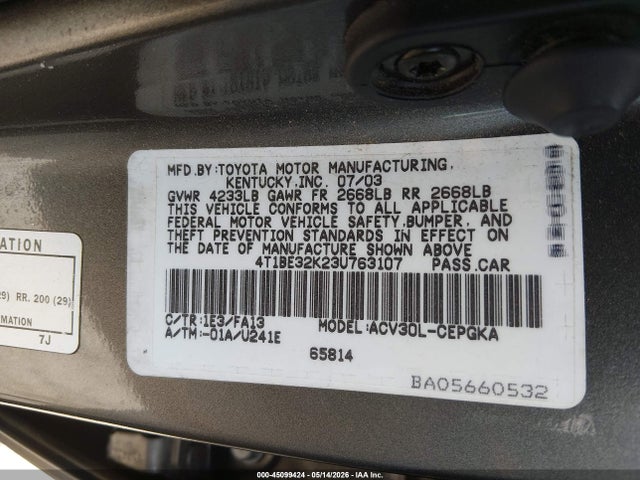 2003 Toyota Camry Xle მანქანა იყიდება აუქციონზე, vin: 4T1BE32K23U763107, აუქციონის ნომერი: 45099424
