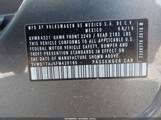 2015 Volkswagen Jetta 1.8t Sport მანქანა იყიდება აუქციონზე, vin: 3VWD17AJ8FM420185, აუქციონის ნომერი: 45099425