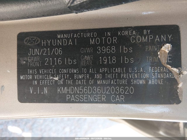 Продаж на аукціоні авто 2006 Hyundai Elantra Gls/gt, vin: KMHDN56D36U203620, номер лоту: 45099426