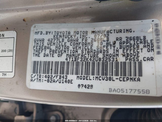 Aukcja sprzedaży 2002 Toyota Camry Le V6, vin: 4T1BF32K42U032531, numer aukcji: 45099432