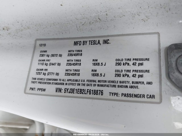 Aukcja sprzedaży 2020 Tesla Model 3 Long Range Dual Motor All-wheel Drive, vin: 5YJ3E1EB2LF618876, numer aukcji: 45099435