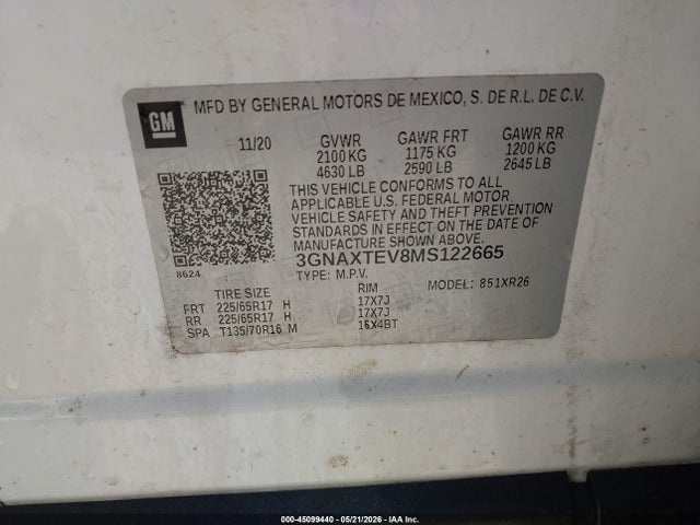 2021 Chevrolet Equinox Awd 2fl მანქანა იყიდება აუქციონზე, vin: 3GNAXTEV8MS122665, აუქციონის ნომერი: 45099440
