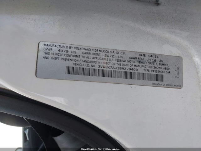 45099451 :رقم المزاد ، 3VW2K7AJ1BM379400 vin ، 2011 Volkswagen Jetta 2.0l S مزاد بيع