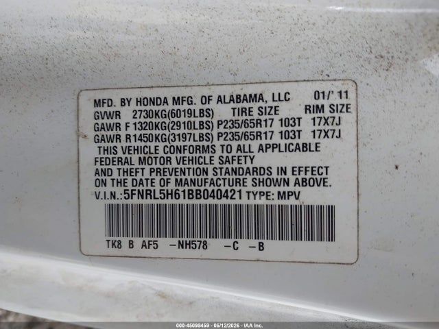 Продаж на аукціоні авто 2011 Honda Odyssey Ex-l, vin: 5FNRL5H61BB040421, номер лоту: 45099459