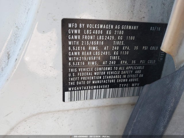 45099465 :رقم المزاد ، WVGAV7AX9GW604563 vin ، 2016 Volkswagen Tiguan S مزاد بيع