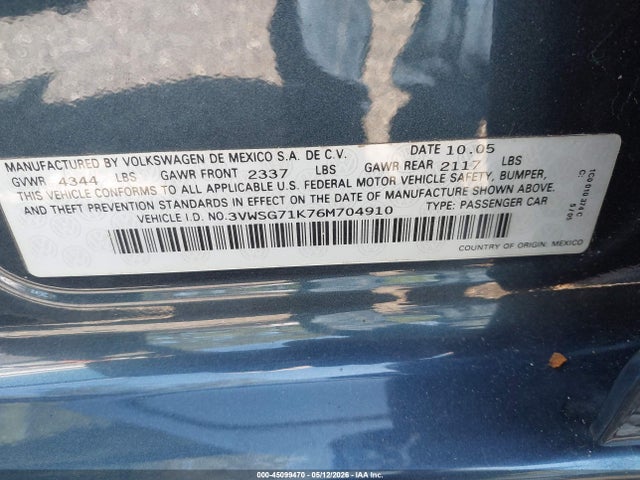 45099470 :رقم المزاد ، 3VWSG71K76M704910 vin ، 2006 Volkswagen Jetta 2.5 مزاد بيع