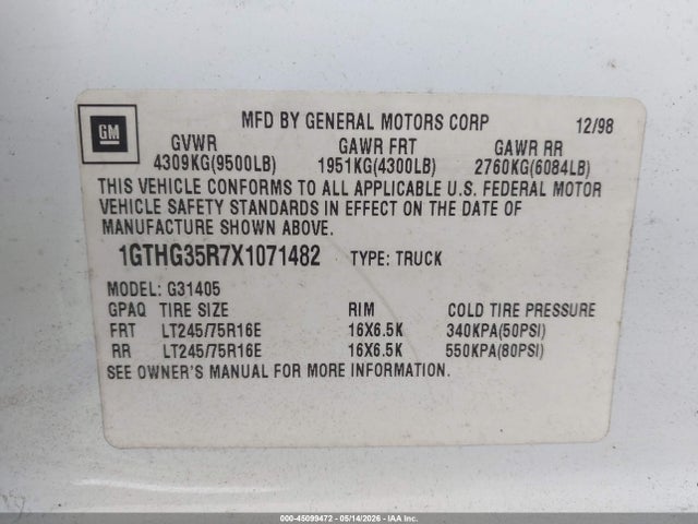 Продажа на аукционе авто 1999 Gmc Savana Standard, vin: 1GTHG35R7X1071482, номер лота: 45099472