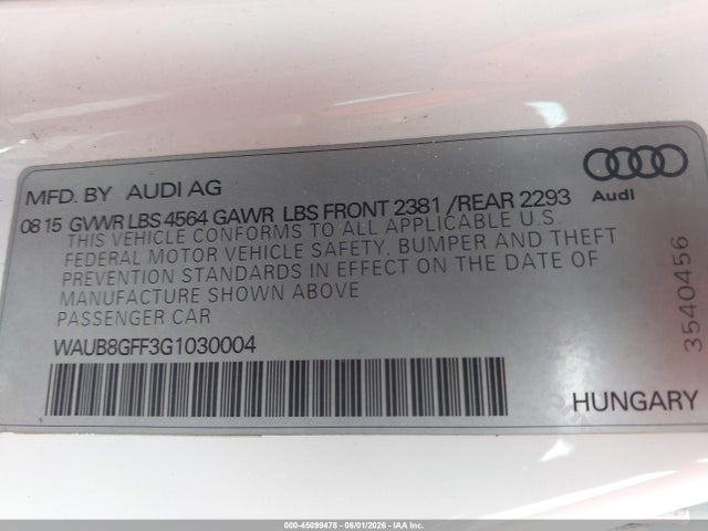 45099478 :رقم المزاد ، WAUB8GFF3G1030004 vin ، 2016 Audi A3 2.0t Premium مزاد بيع