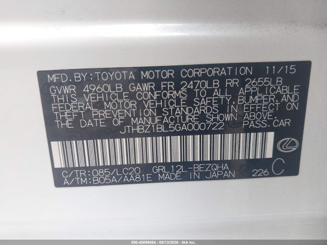 45099484 :رقم المزاد ، JTHBZ1BL5GA000722 vin ، 2016 Lexus Gs 350 مزاد بيع