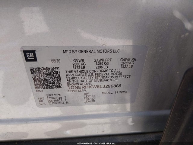 1GNERHKW6LJ296868 Chevrolet Traverse Fwd Lt Leather