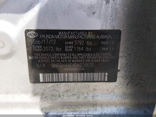 Aukcja sprzedaży 2013 Hyundai Elantra Gls, vin: 5NPDH4AE4DH226630, numer aukcji: 45099488