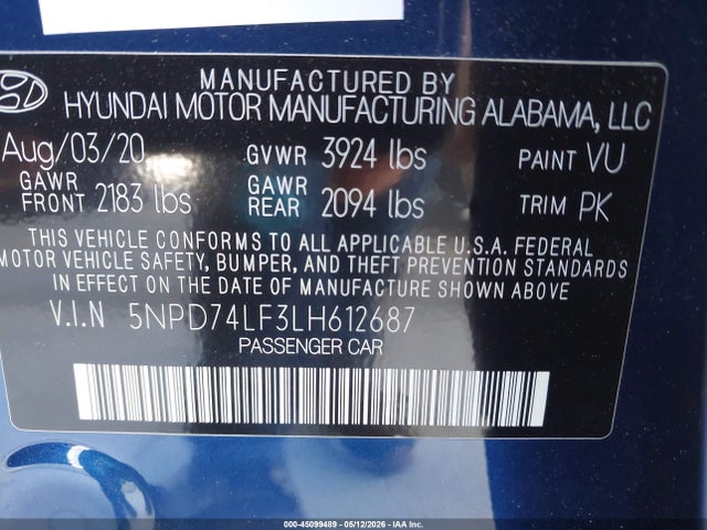 2020 Hyundai Elantra Se მანქანა იყიდება აუქციონზე, vin: 5NPD74LF3LH612687, აუქციონის ნომერი: 45099489