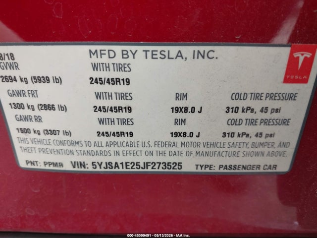 Tesla MODEL S 2018 5YJSA1E25JF273525 Image 9