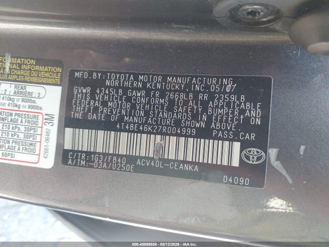 Aukcja sprzedaży 2007 Toyota Camry Ce/le/xle/se, vin: 4T4BE46K27R004999, numer aukcji: 45099508