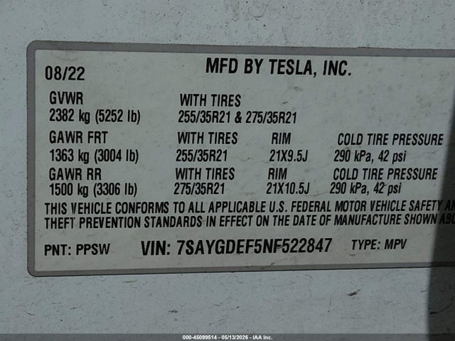 Продажа на аукционе авто 2022 Tesla Model Y Performance Dual Motor All-wheel Drive, vin: 7SAYGDEF5NF522847, номер лота: 45099514