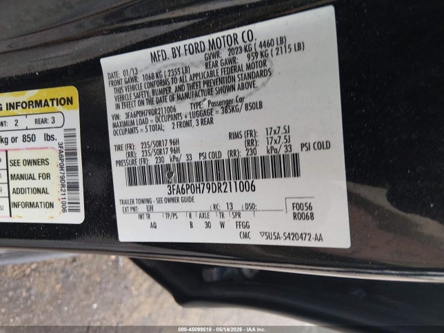 Продажа на аукционе авто 2013 Ford Fusion Se, vin: 3FA6P0H79DR211006, номер лота: 45099518