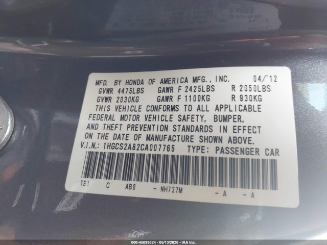 Aukcja sprzedaży 2012 Honda Accord 3.5 Ex-l, vin: 1HGCS2A82CA007765, numer aukcji: 45099524