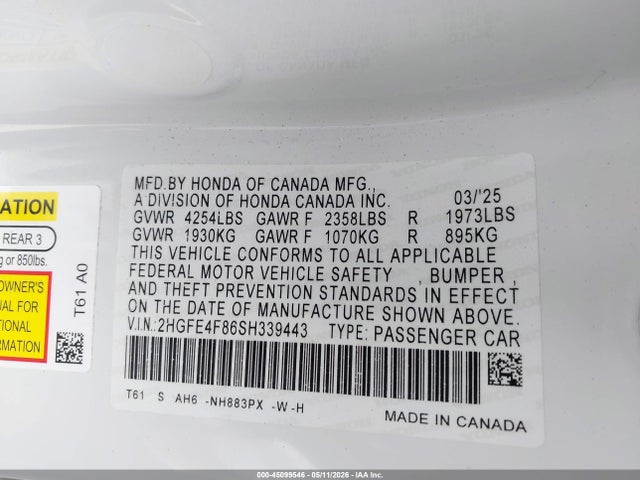 2HGFE4F86SH339443 Honda Civic Hybrid Sport/sport Touring