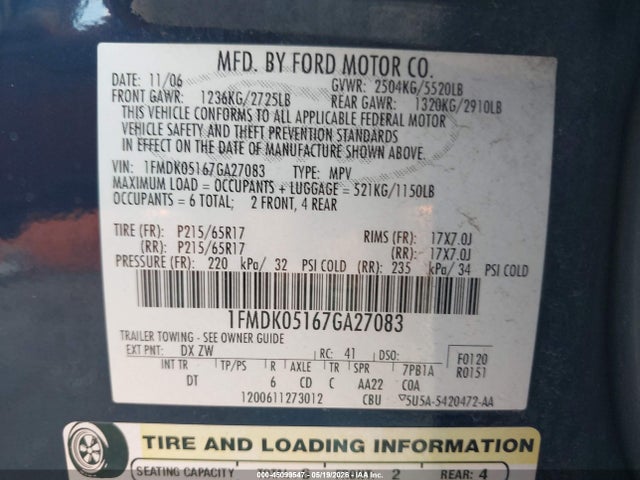 45099547 :رقم المزاد ، 1FMDK05167GA27083 vin ، 2007 Ford Freestyle Sel مزاد بيع