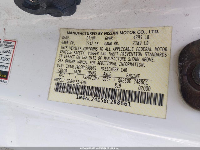 Продаж на аукціоні авто 2008 Nissan Altima 2.5 S, vin: 1N4AL24E58C288661, номер лоту: 45099565