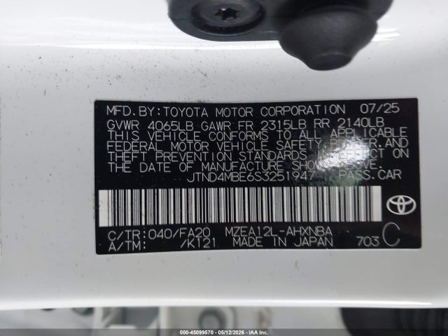 Aukcja sprzedaży 2025 Toyota Corolla Se, vin: JTND4MBE6S3251947, numer aukcji: 45099570