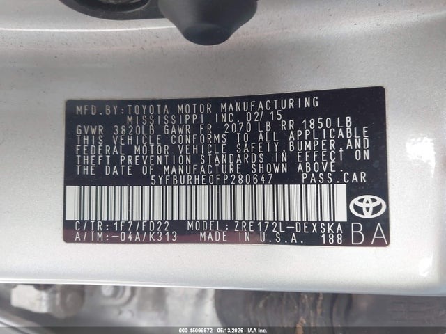 5YFBURHE0FP280647 Toyota Corolla S Plus