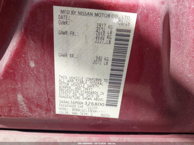 1N4AL3AP0GN326800 Nissan Altima 2.5/2.5 S/2.5 Sl/2.5 Sr/2.5 Sv