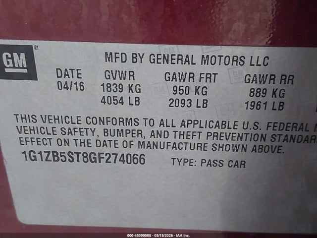 45099585 :رقم المزاد ، 1G1ZB5ST8GF274066 vin ، 2016 Chevrolet Malibu Ls مزاد بيع