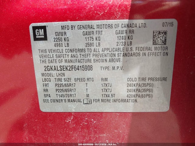 45099589 :رقم المزاد ، 2GKALSEK2F6415908 vin ، 2015 Gmc Terrain Slt-1 مزاد بيع