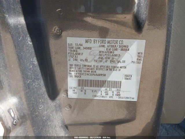 Aukcja sprzedaży 2005 Ford F-150 Stx/xl/xlt, vin: 1FTRX12W35NA68958, numer aukcji: 45099593