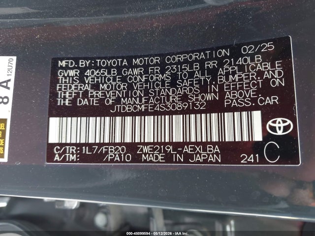 45099594 :رقم المزاد ، JTDBCMFE4S3089132 vin ، 2025 Toyota Corolla Hybrid Le مزاد بيع