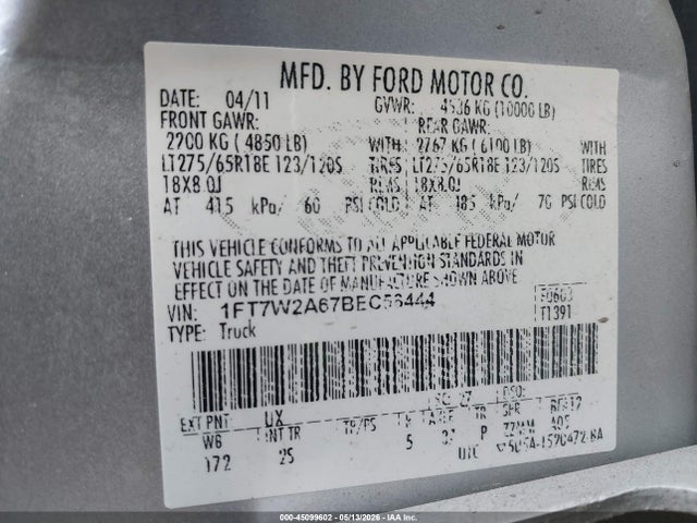 Продажа на аукционе авто 2011 Ford F-250 Xlt, vin: 1FT7W2A67BEC56444, номер лота: 45099602