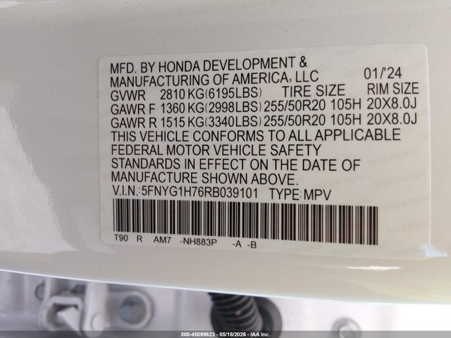 2024 Honda Pilot Touring მანქანა იყიდება აუქციონზე, vin: 5FNYG1H76RB039101, აუქციონის ნომერი: 45099623