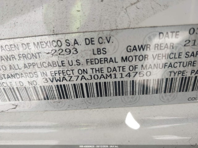 Aukcja sprzedaży 2010 Volkswagen Jetta Limited Edition, vin: 3VWAZ7AJ0AM114750, numer aukcji: 45099625