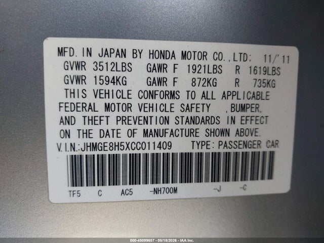 Продаж на аукціоні авто 2012 Honda Fit Sport, vin: JHMGE8H5XCC011409, номер лоту: 45099657