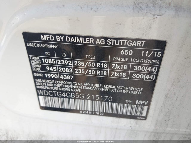 Aukcja sprzedaży 2016 Mercedes-benz Gla 250 4matic, vin: WDCTG4GB5GJ215170, numer aukcji: 45099661
