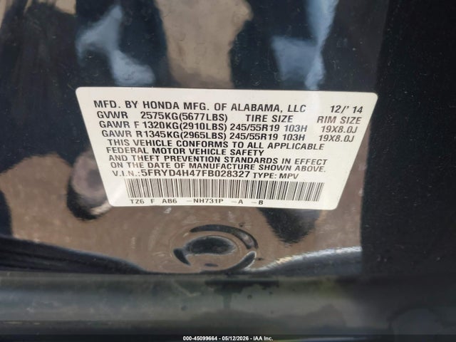 45099664 :رقم المزاد ، 5FRYD4H47FB028327 vin ، 2015 Acura Mdx Technology Package مزاد بيع