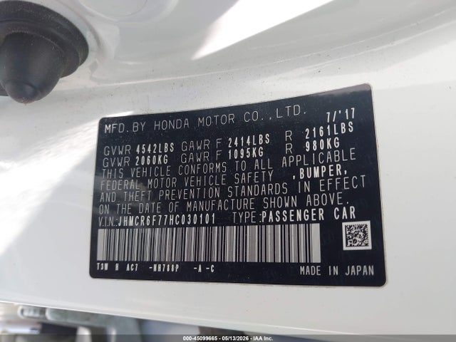 2017 Honda Accord Hybrid Touring მანქანა იყიდება აუქციონზე, vin: JHMCR6F77HC030101, აუქციონის ნომერი: 45099665
