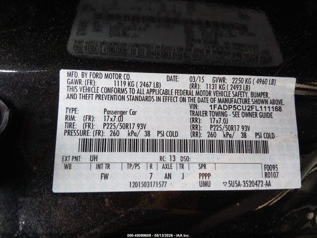 45099689 :رقم المزاد ، 1FADP5CU2FL111168 vin ، 2015 Ford C-max Energi Sel مزاد بيع