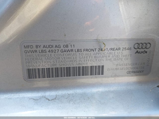 Aukcja sprzedaży 2012 Audi A4 2.0t Premium, vin: WAUBFAFL0CN006724, numer aukcji: 45099695