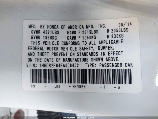 Продаж на аукціоні авто 2015 Honda Accord Ex-l, vin: 1HGCR2F84FA006402, номер лоту: 45099696