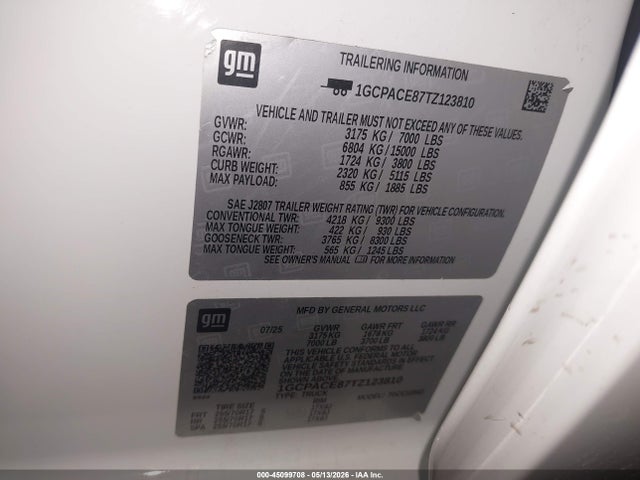 Продаж на аукціоні авто 2026 Chevrolet Silverado 1500 2wd  Short Bed Lt, vin: 1GCPACE87TZ123810, номер лоту: 45099708