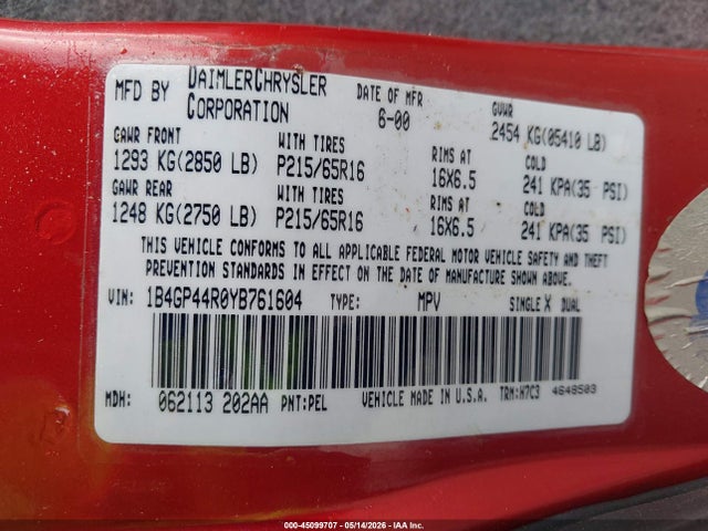 Продажа на аукционе авто 2000 Dodge Grand Caravan Se, vin: 1B4GP44R0YB761604, номер лота: 45099707
