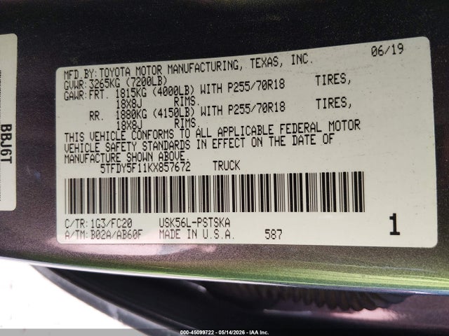 5TFDY5F11KX857672 Toyota Tundra Sr5 5.7l V8