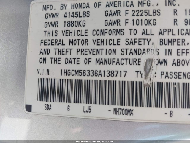 2006 Honda Accord 2.4 Se მანქანა იყიდება აუქციონზე, vin: 1HGCM56336A138717, აუქციონის ნომერი: 45099724