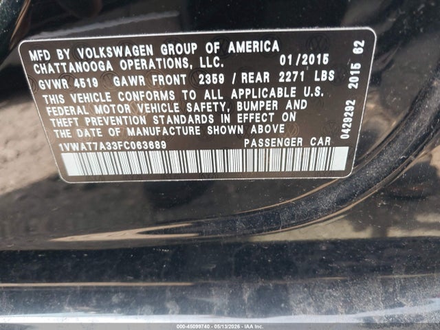 2015 Volkswagen Passat 1.8t S მანქანა იყიდება აუქციონზე, vin: 1VWAT7A33FC063689, აუქციონის ნომერი: 45099740