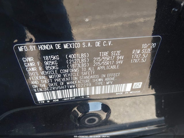 2021 Honda Hr-v 2wd Ex-l მანქანა იყიდება აუქციონზე, vin: 3CZRU5H71MM702299, აუქციონის ნომერი: 45099752
